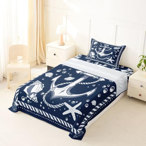 Image of jejeloiu Nautical Theme Bed Sheets Sets Twin Size Kids Boys Girls Compass Anchor Decor Bedding Set Ocean Shells Starfish Bed Sheet Set with 16-Inch Deep Pockets 3Pcs with 1 Pillow Cases