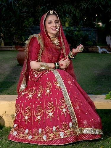 Image of Fancy Heavy Embroidery Work Shimmer Silk Semi-stitched Rajputi Poshak For Women Rajasthani Lehenga Choli
