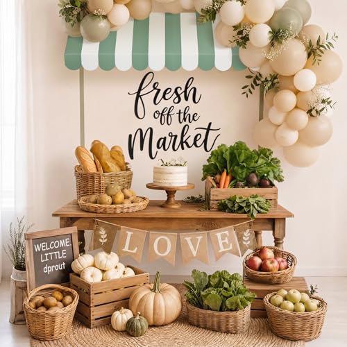 Amyhill 2 Pcs Bridal Shower Decorations Set Fresh off the Market Party Decor with Green and White Striped Canopy and Fresh off the Market Felt Sign for Bridal Bachelorette Themed Activity