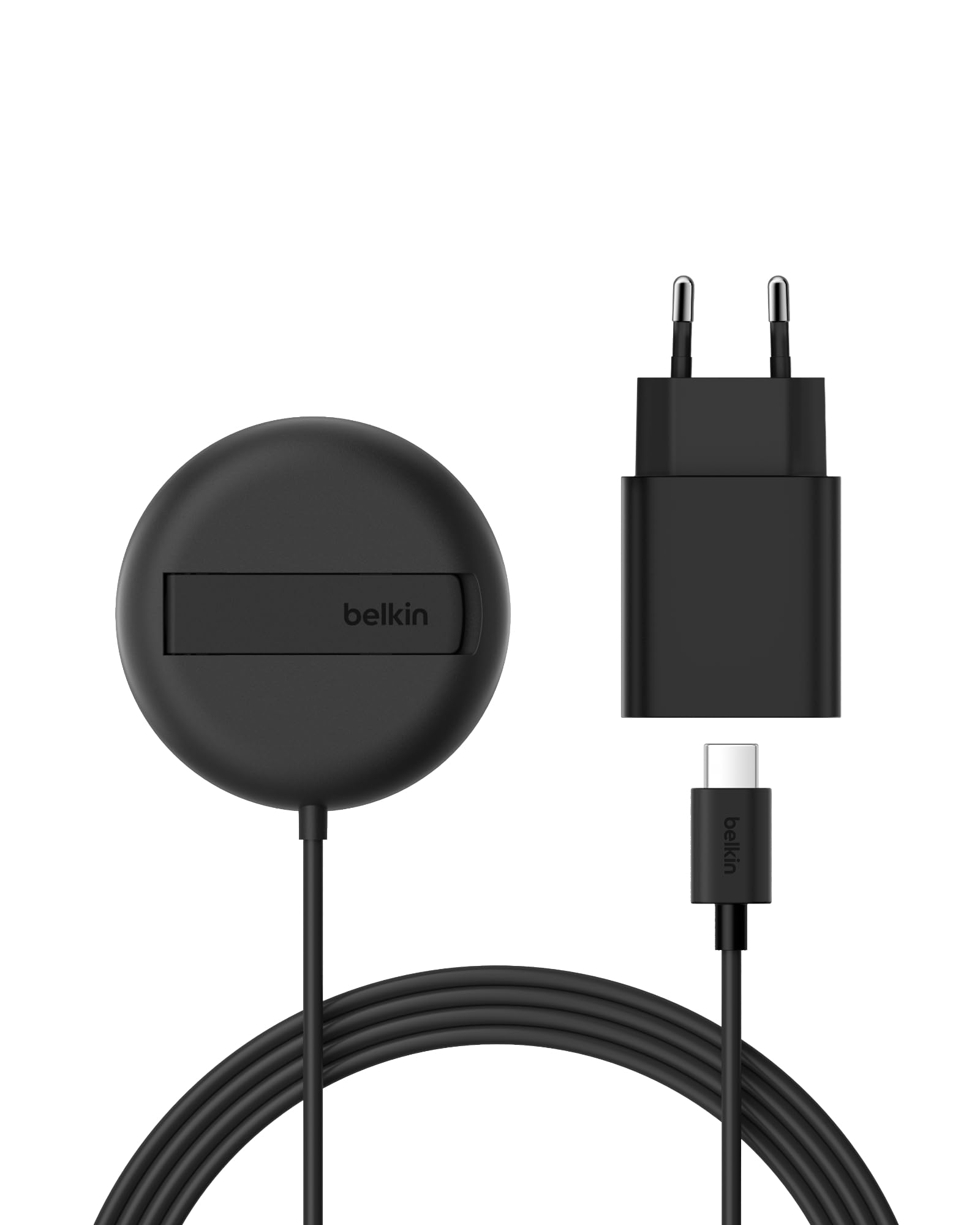 Belkin Tappetino di ricarica wireless magnetica 15 W con supporto, caricatore wireless Qi2 compatibile con MagSafe per iPhone 16 Series, Samsung Galaxy S25 Series, AirPods (con alimentatore), nero