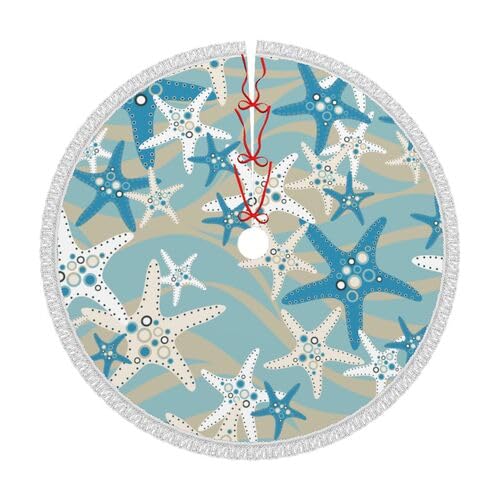 Sea Starfish Christmas Tree Skirt Coastal Decor Blue Beach Starfish Christmas Tree Skirt Round Carpet Mat New Year Party Supplies Accessory for Xmas Halloween Holiday Tree Decoration Occasion 30