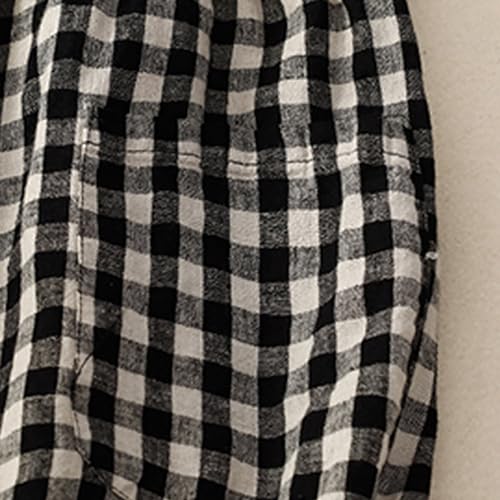 Linen Pants for Women Summer 2024 Plaid Casual Elastic High Waist Straight Leg Pants Loose Fit Trendy Beach Trousers4