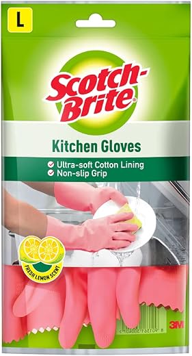 Scotch-Brite Lemon Scented Kitchen Gloves, extra long cuffs for mess-free hands , better grip, inner lining for Sweat abso...