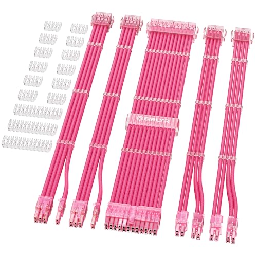 Sirlyr PSU Cable Extension Kit - 8Pin PCIE (34cm), 24Pin ATX & EPS (30cm), 16AWG Power Supply Cables with Combs, Soft Braided Sleeve for PC Build (Pink)