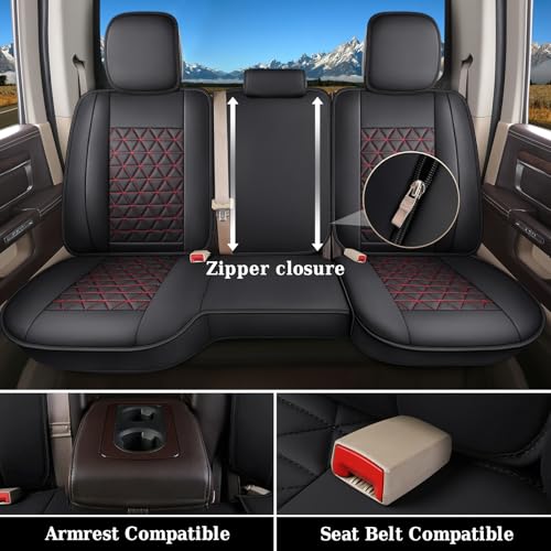 Image of Coverado Dodge Ram Seat Covers Full Set, Waterproof Truck Car Seat Cover Protectors Custom Fit for 2002-2026 Dodge RAM 1500 2500 3500 with Curved Bench(Black&Red line)