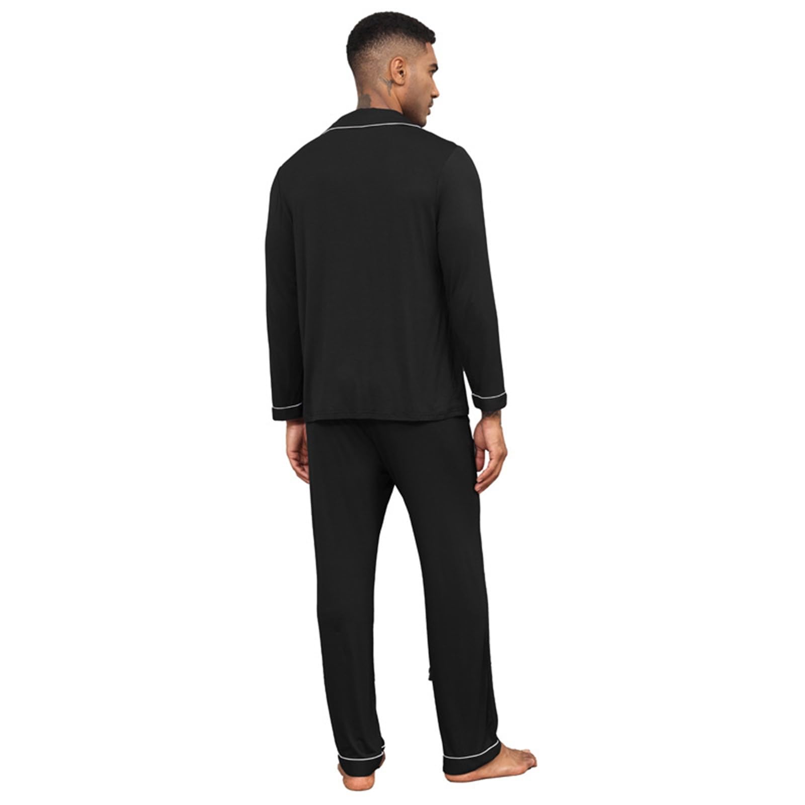 Generisch Conjunto de pijama para hombre, camisa de manga larga con cuello de solapa y pantalones largos, monocolor, algodón, informal, transpirable, ligero, suave, cómodo, traje de casa de 2 piezas