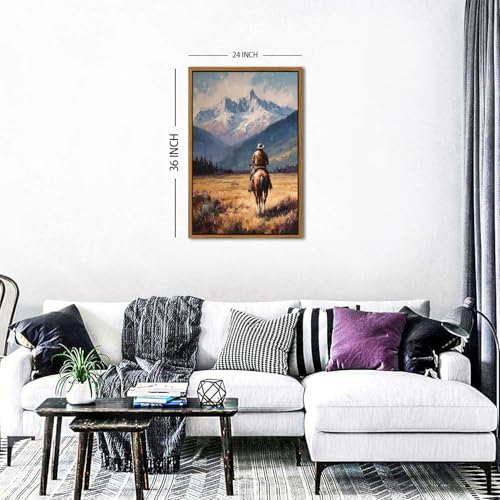 Image of Western Cowboy Wall Art Vintage Western Framed Wall Decor for Bedroom | 24x36 inch Cowboy on Horse Canvas Prints Fall Mountain Landscape Painting Rustic Country Wall Decor for Living Room Home Office