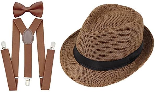 Suspender and Bow Tie Set with Brown Hat for Men- (Brown)
