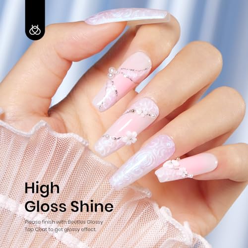 Image of Beetles Pearl Gel Nail Polish - Swirling Clouds 15ML Pearl White Gel Polish Shimmer Mermaid Iridescent Pearlescent Nail Polish Soak Off Uv LED Lamp Need Manicure Salon DIY Nail Art Gift for Women