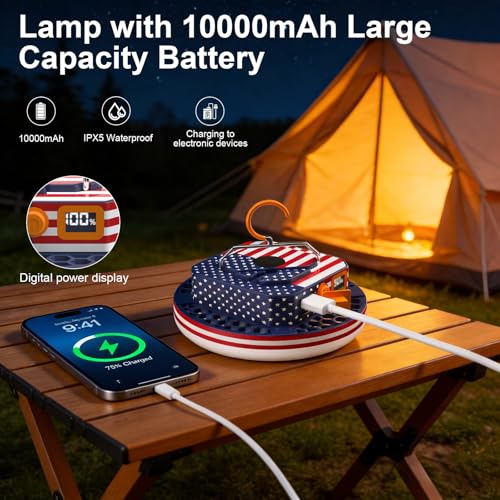 Image of IODOO 10000mAh Rechargeable Camping Light with Remote , US Flag Print American Flag Light for Outdoor Camping Hiking Emergency Power Failure (30W(US Flag Style))