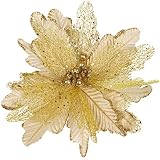 Pusuny 6PCS 10“ Gold Christmas Flowers Glitter Poinsettia Artificial Flowers with Stems Decorations