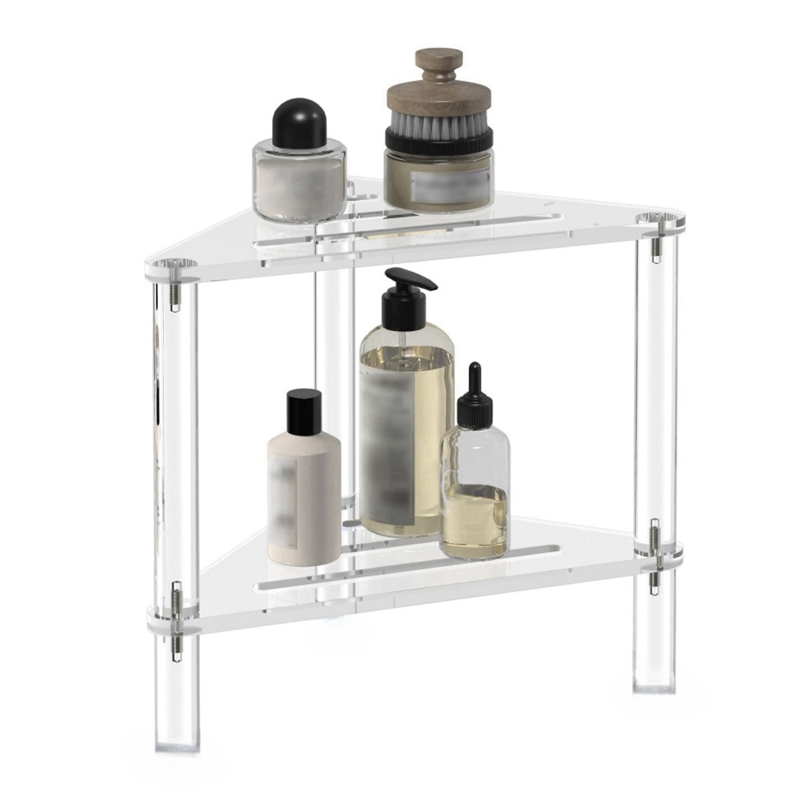 OVAQUIXI Floor Shower Caddy Acrylic Corner 2 Tier Shower Organizer No Drill Bathroom Shelf with Holder for Shampoo