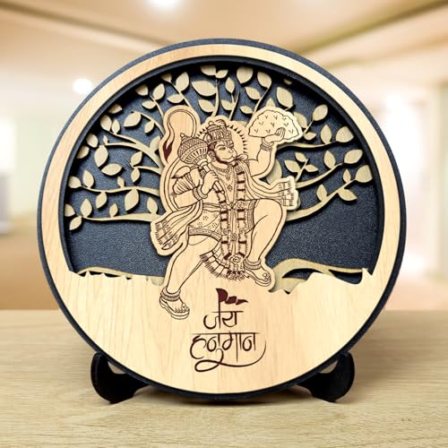 Image of Hanuman ji Murti (Wooden Engraved /Size 14.5 x 14.5 cm) Hanuman Ji Idol Gift for Housewarming Showpiece for Home, Living Room, Pooja Room, Mandir, Office