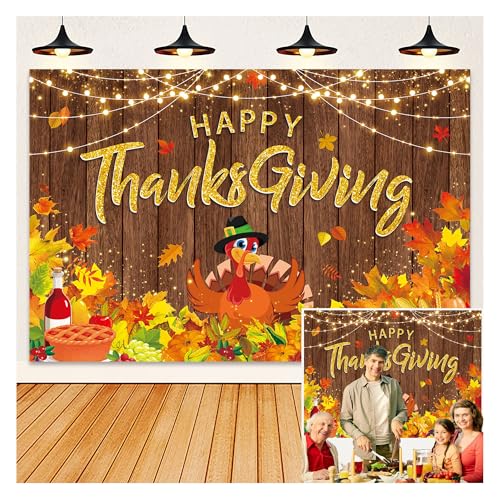 Toile de fond Happy Thanksgiving grand format jaune avec motif dinde en bois