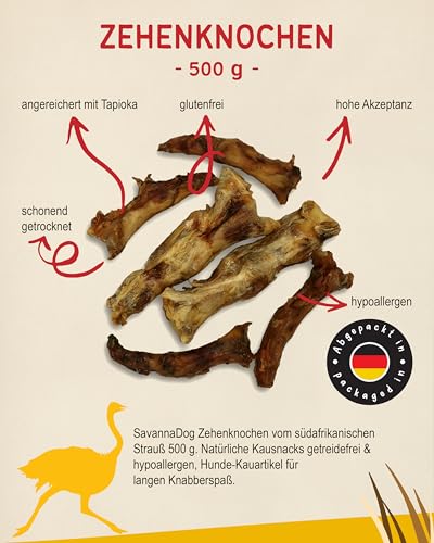 SavannaDog Zehenknochen vom südafrikanischen Strauß 500 g - Natürliche Kausnacks getreidefrei & hypoallergen. Hunde-Kauartikel für Langen Knabberspaß