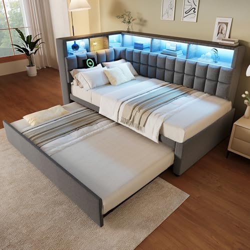 Rosebibi Cama tapizada de lino 90 x 200 cm con cama nido de 90 x 190 cm, LED, altavoz Bluetooth, puerto de carga USB y tipo C, cabecero en L con estante de almacenamiento, sofá cama/cama de invitados