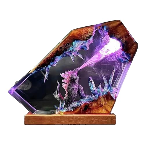 Epoxidharz Godzilla Nachtlicht Harz Ozean Tier Figuren Nachtlicht Ornamente Godzilla Würfel Dekoration mit Holz Sockel USB-Kabel Marine Statue Dekoration für Wohnzimmer Schlafzimmer (Stil-4)