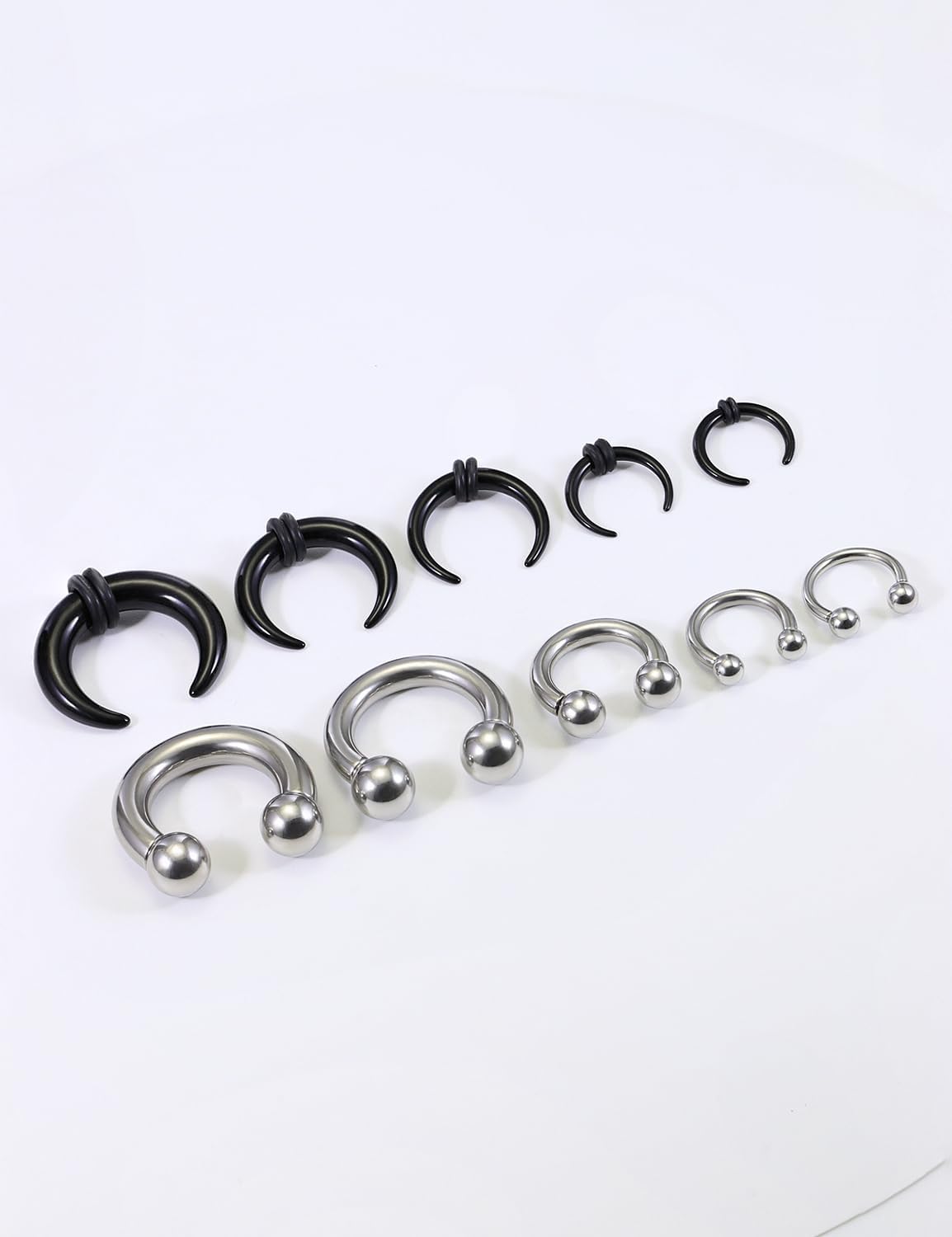14G-4G Septum Stretching Kit Surgical Steel Acrylic Pincher Tapers C Shape Buffalo Stretcher Expander with Black O-Rings for Stretching Pierced Nose Ear Cartilage for Women Men 10Pcs - Image 4