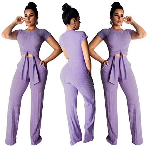 Women's Short Sleeve Ribbed Tie Up Crop Top Pockets Loose Long Pants Set 2 Piece Outfits Jumpsuits Purple Large - Thumbnail 3