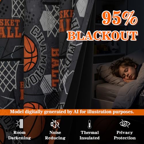 Image of MYSKY HOME Blackout Curtains 63 Inch Length for Teen Boys Kids Room Decor 95% Light Blocking Thermal Insulated Grommet Drapes with Basketball Printed, 2 Panels, 52 inch Wide Each Panel, Black and Orange