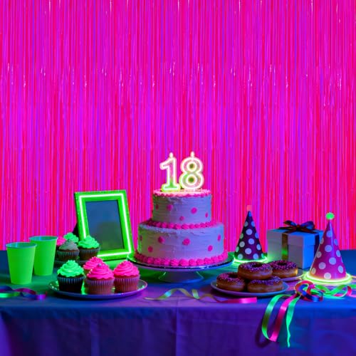 Image of 2 Pack Glow in The Dark Party Streamers, Neon Party Decorations Fluorescent Macaron Fuchsia Tinsel Foil Fringe Curtains, Photo Booth Prop Backdrop Streamers, Birthday Halloween Party Decorations