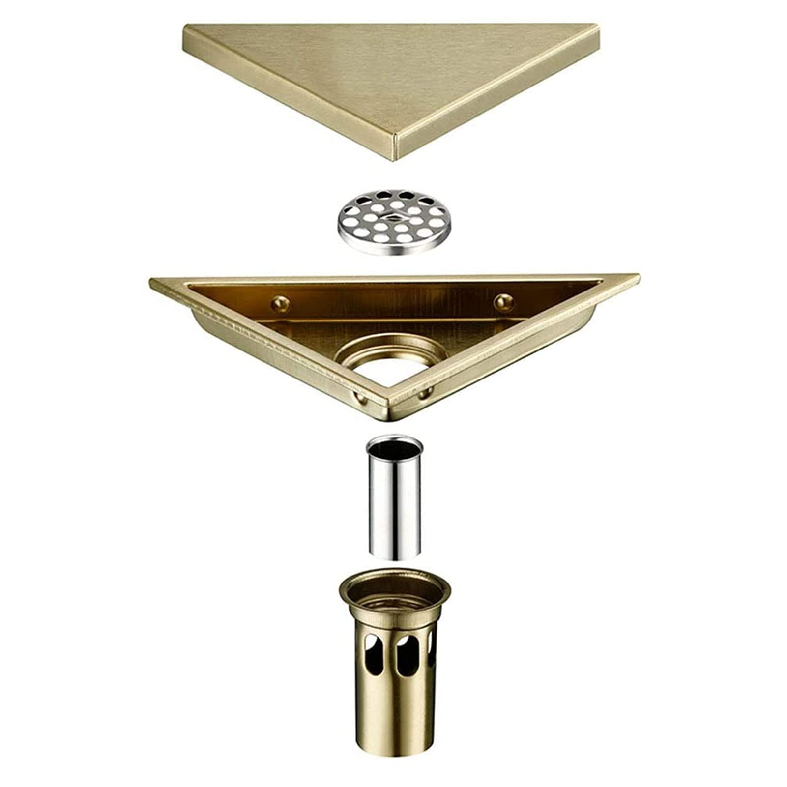 Scarico doccia, scarico a pavimento in acciaio inox per bagno, scarico a pavimento con inserto in piastrelle triangolari, scarico doccia con griglia rimovibile, filtro raccogli-capelli, oro spazzolato