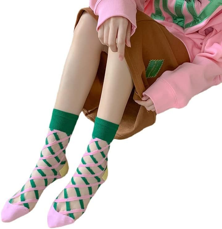 Miniatura 4 de CYee 5 pares de calcetines coquetos transparentes a cuadros para mujer, de cristal jacquard, Y2K, calcetines de tobillo Fairycore transparentes, A