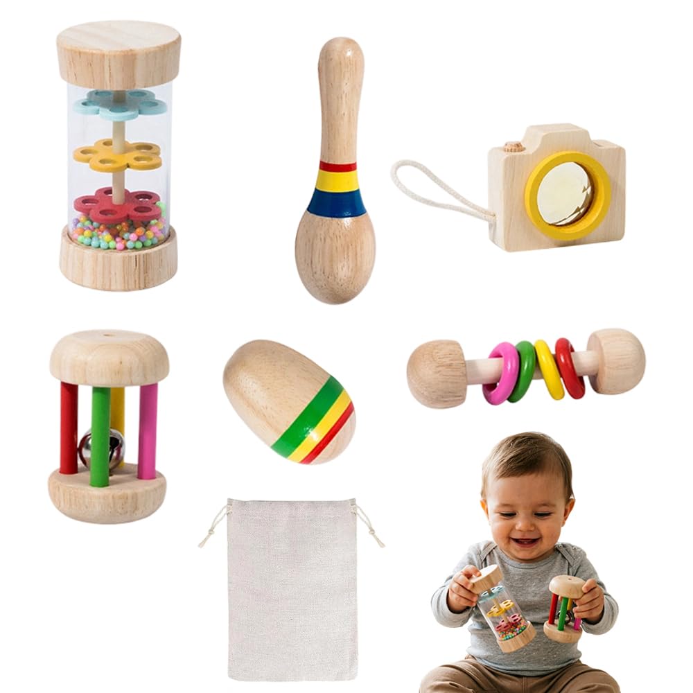 6PCS Sonajero De Madera Para Bebé, Sonajeros de Madera Maracas Juguetes con Palo De Lluvia Bebe, Maracas, Caleidoscopio y Más, Juguete Sensorial de Madera Natural para Bebés