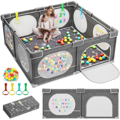 Image of Foldable Baby Playpen with Mat, 71x51 Extra Large Playpen with Gate, Indoor & Outdoor Baby Fence, Anti-Fall PlayYard for Babies and Toddlers, Kids, Children's