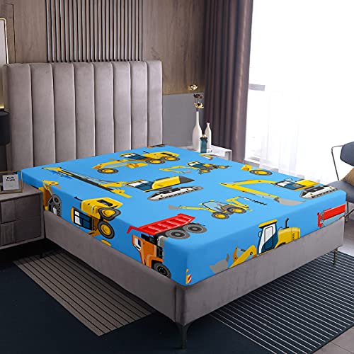Loussiesd Kids Excavator Fitted Sheet 100% Microfiber Breathable Cartoon Tractor Only Bedsheet No Pillowcases Fitted Sheets Luxury Single Size(90 x 190+30cm)