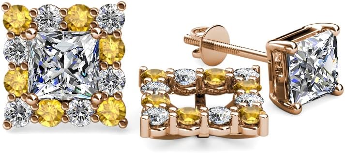 Citrine & Natural Diamond (SI2-I1,G-H) Halo Jacket for Princess Cut Stud Earrings 0.72 ctw 14K Gold