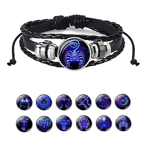 Alapek Pulsera de signos del zodiaco espiritual, pulsera de manifestación, pulsera de manifestación serena, pulseras de cuero ajustable de doce constelaciones del zodiaco multicapa, 7 +3 inch / 18 + 7