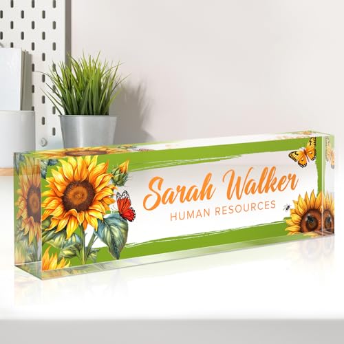 Image of Name Plate for Desk, Desk Name Plate Personalized, Office Decor for Women Men, Acrylic Desktop Accessories, Office Appreciation Gifts for Boss Social Workers Nurse Teacher Employee (Sunflowers)