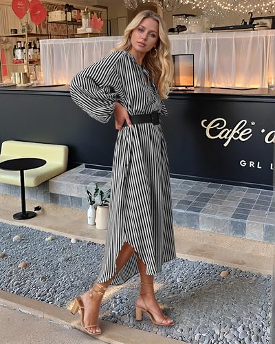 Shirt Dresses for Women 2025 Striped Fall Long Sleeve V Neck Midi Dress Loose Business Casual Shirtdress with Belt3