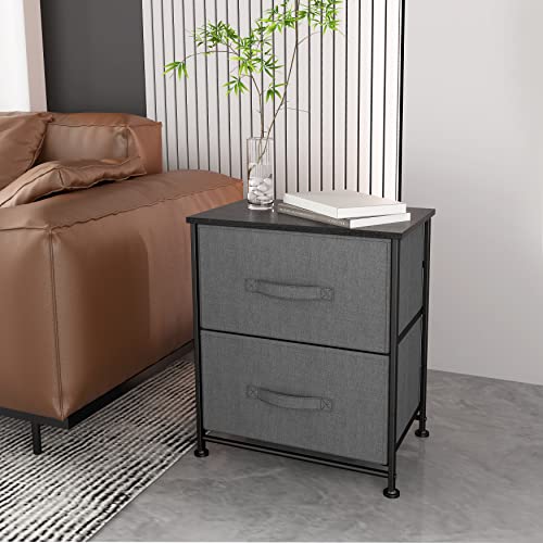 Sehloran 2 Storage Dresser End/Side Table Night Stand, Small Dresser Organizers Unit, Drawer Dresser For Bedroom, Living Room, Closet, Easy Pull Removable Fabric Bins, Wood Top, Gray #TOP7