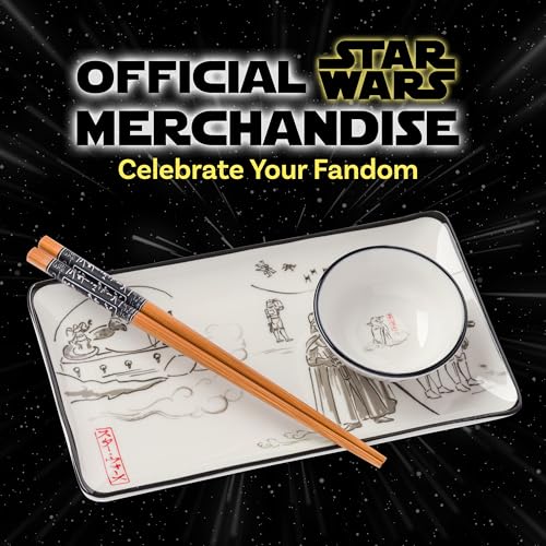 Image of Silver Buffalo Star Wars Watercolor Japanese Art Featuring Jabba the Hutt, Darth Vader, Stormtroopers Ceramic Sushi Set with Dipping Sauce Dish and Matching Chopsticks