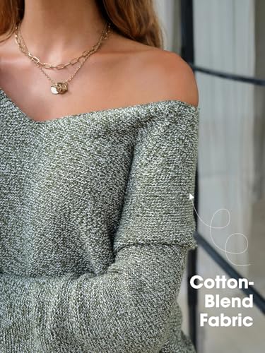 EXLURA Womens Fall Oversized Sweaters Cotton Long Sleeve V Neck Off Shoulder Sweater Pullover Jumper Tops Trendy Winter 20254