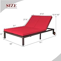 Vista 2 de DORTALA Silla reclinable de ratán para 2 personas con ruedas y cojín, sillón de mimbre doble con respaldo ajustable, juego de conversación de Rojo