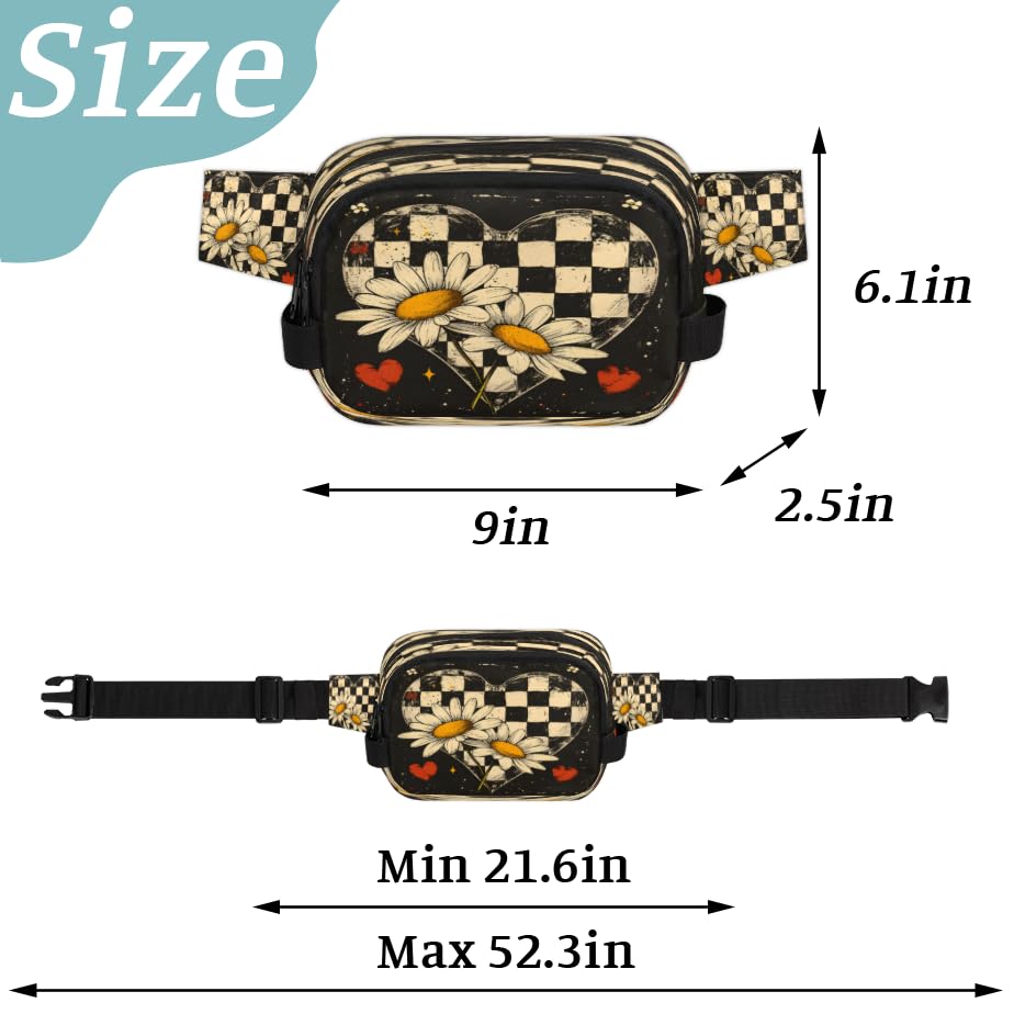 Love Grid Chrysanthemum Waterproof Fanny Pack for Women Men Adjustable Waist Bag with Double Zipper Pockets Lightweight Square Hip Pack for Running Travel Hiking Workout Cycling