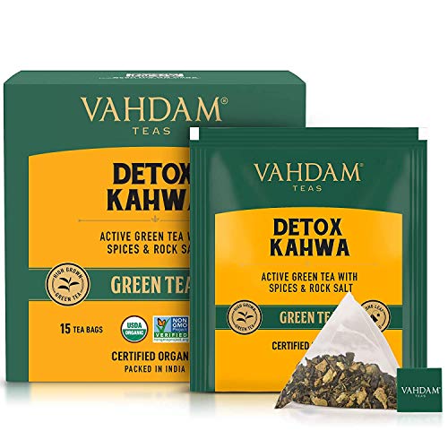 Image of VAHDAM Organic Amla Ginger Tea - 15 Green Tea Bags & VAHDAM, Organic Detox Kahwa Green Tea- 15 TBS