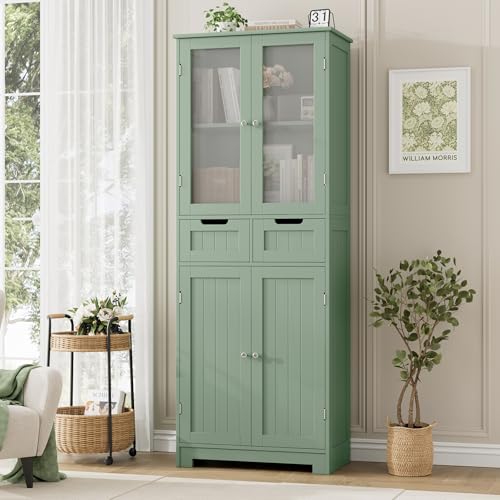 HORSTORS 67' Tall Bathroom Storage Cabinet, Freestanding Storage Cabinet with Glass Door and Shelves, Kitchen Pantry Linen Cabinet with 2 Drawers for Bathroom, Living Room, Dining Room, Green