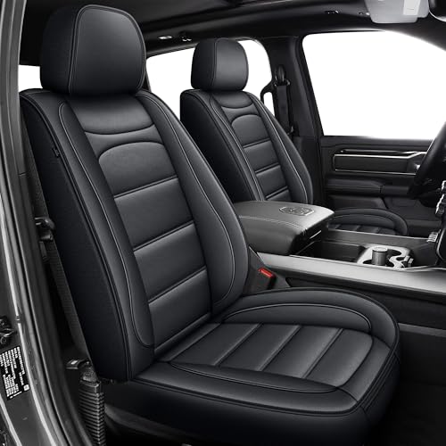 IKABEVEM Seat Covers Fit for Dodge RAM 1500 2002-2025: Compatible with RAM 1500 2500 3500 Crew Double Quad Cab Truck Pickup Car Seat Cover Faux Leather Seat Covers(Flat Bench, Full Set, Black)