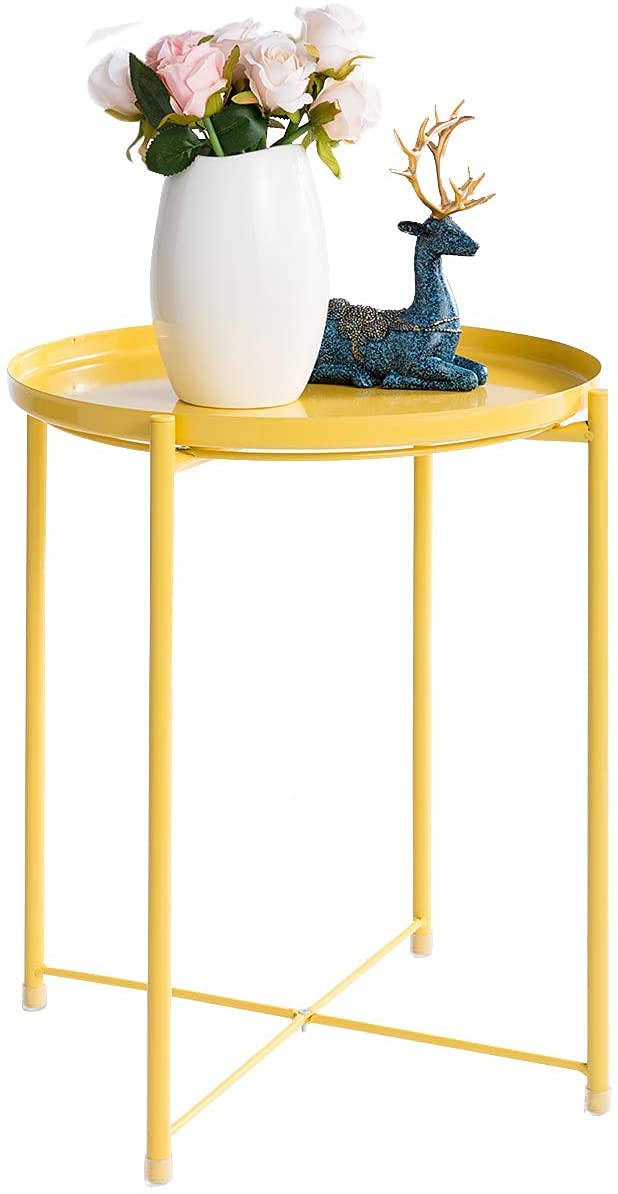 INDIAN DECOR 44121 Tray Metal End Table, Sofa Table Small Round Side Tables, Anti-Rust and Waterproof Outdoor & Indoor Snack Table, Accent Coffee Table,（H） 20.28" x（D） 16.38", Yellow-image-49