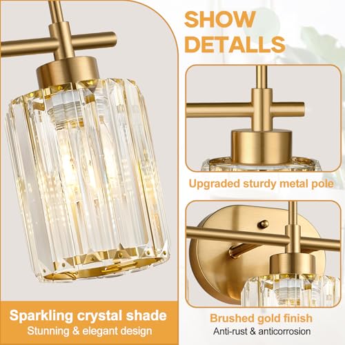 Image of Modern Crystal Bathroom Vanity Light, 3-Light Brushed Gold Bathroom Light Fixtures with Clear Shades, Vanity Lighting Fixtures Over Mirror (Exclude Bulb)
