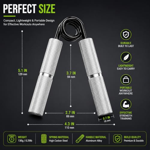Image of LeCore 150 LBS Heavy Duty Metal Hand Grip Strengthener | Aluminium Hand Gripper for Grip Strength, Forearm, Wrist & Finger Exercise | Non-Slip Knurled Handle | Gym, Rock Climbing, Rehabilitation | Silver