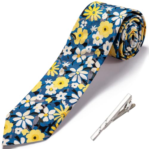 Image of Barry.Wang 100% Cotton Floral Ties for Men 63 inch Extra Long Necktie Clip