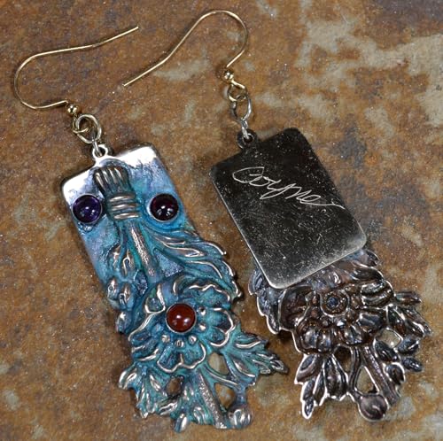 Fanciful Floral Verdigris Patina Brass Dangle Earrings - Amethyst, Carnelian and Garnet3