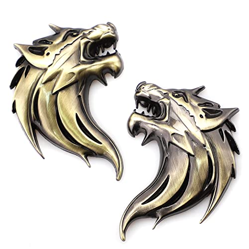 Image of 2pcs Cool Wolf Head Car Side /Rear /Front Decorations Badge Emblem 3D Self-Adhesive Nameplate Sticker for Car (Golden)