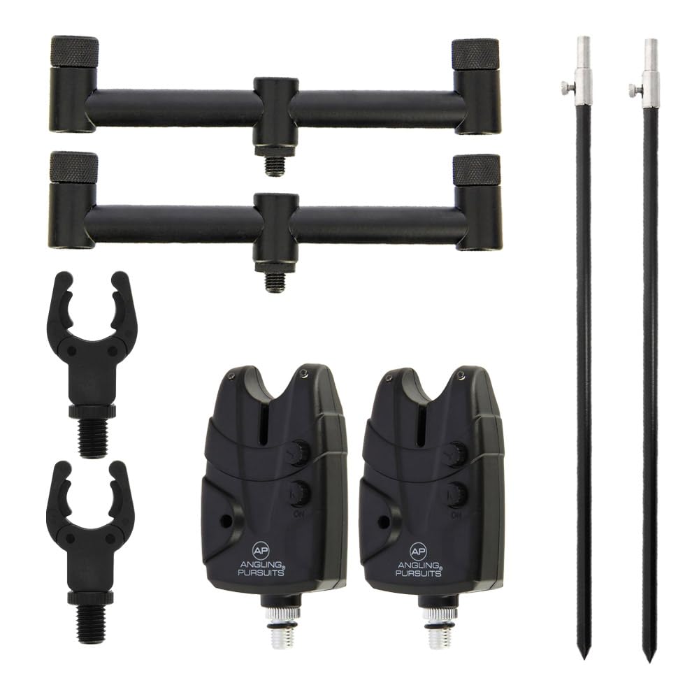 Ruten-Auflagen Set - 2 Teleskop Bank-Sticks 50-90 cm, 2 Buzzer-Bars, 2 Rutenhalter, 2 Bissanzeiger, Angelrutenhalter Set, Rutenauflage, Angelhalter, Angelrutenständer