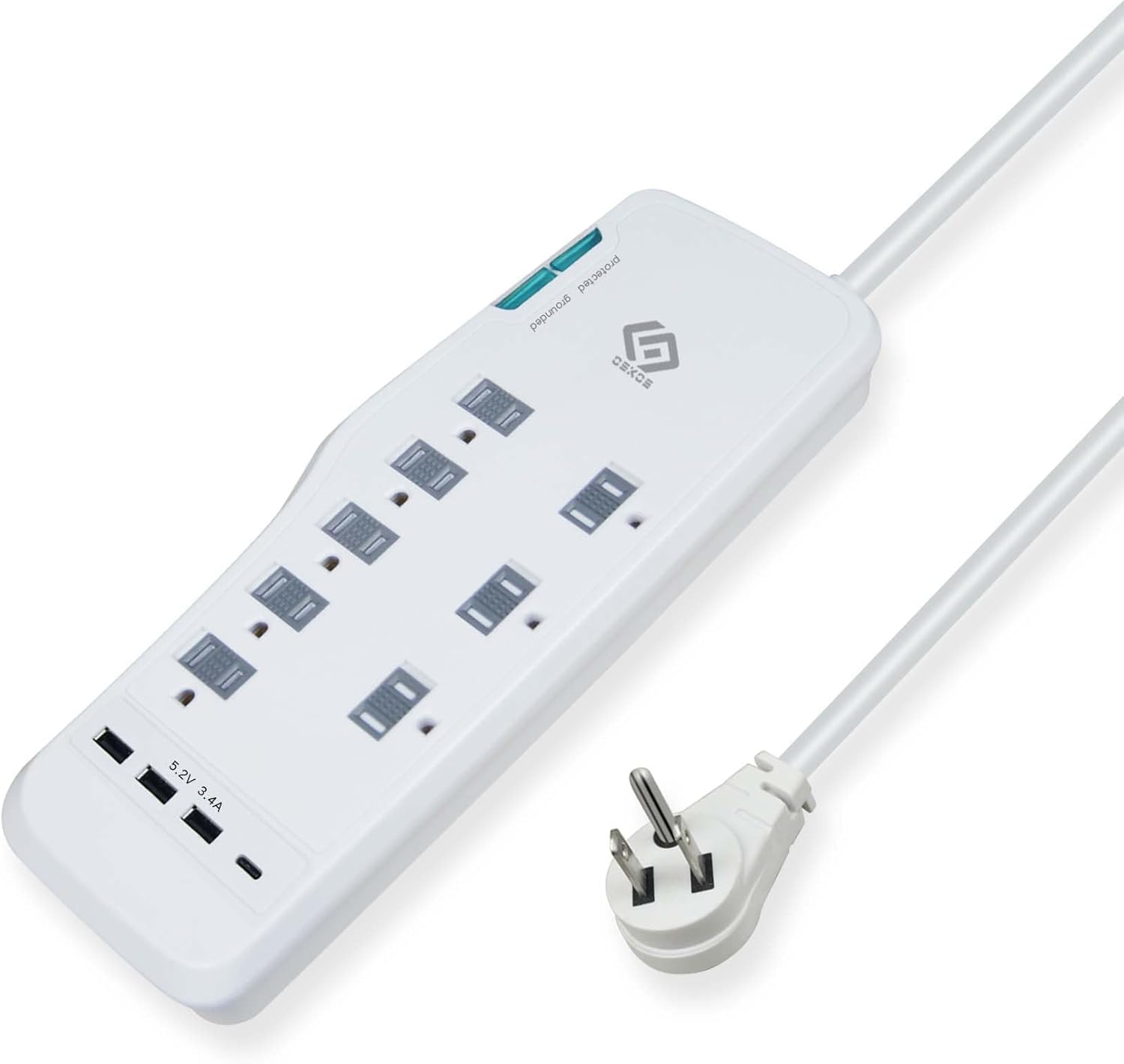 OSKOS Surge Protector Power Strip, 8 Outlets, Four USB 3.4A Ports (3A+1C), 6FT Extension Cord, 2480 Joules, 15A/1800W,Wall Mountable, UL Listed.